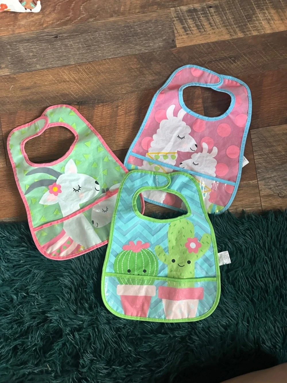 Kids Waterproof Cactus & Llama Bib Set - Pink, Green, Teal